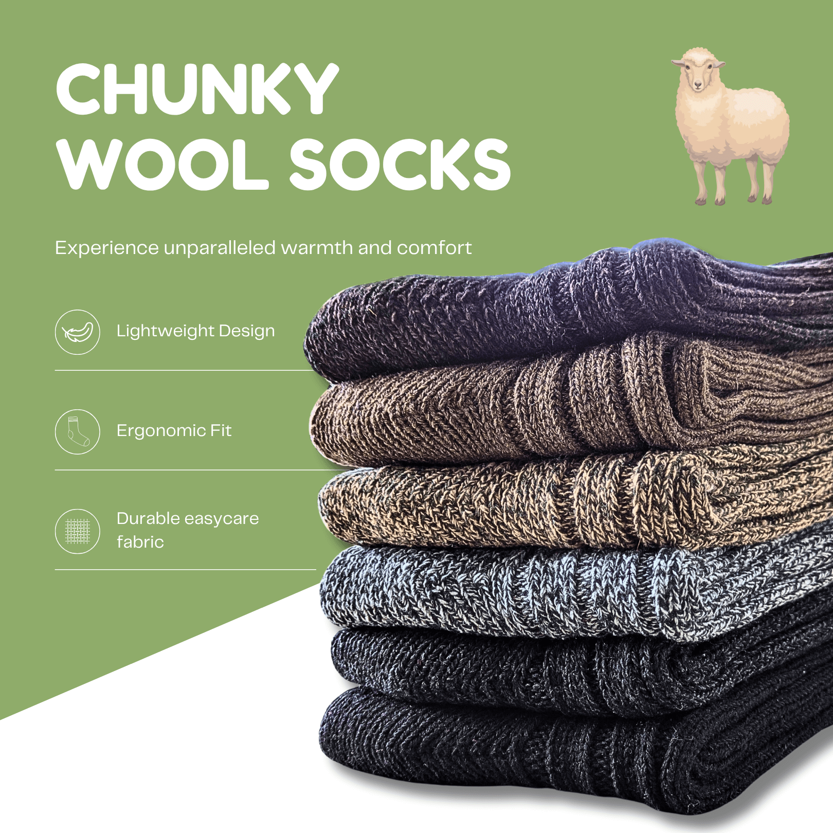 Sock Stack Men's Ultra Chunky Wool Thermal Socks 6 Pairs UK 6-11 EU 39-45 Assorted