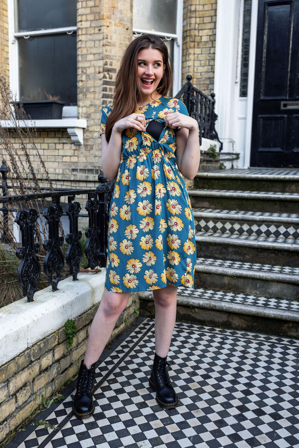 Blue Sunflower Cotton Knee Length Breastfeeding Dress