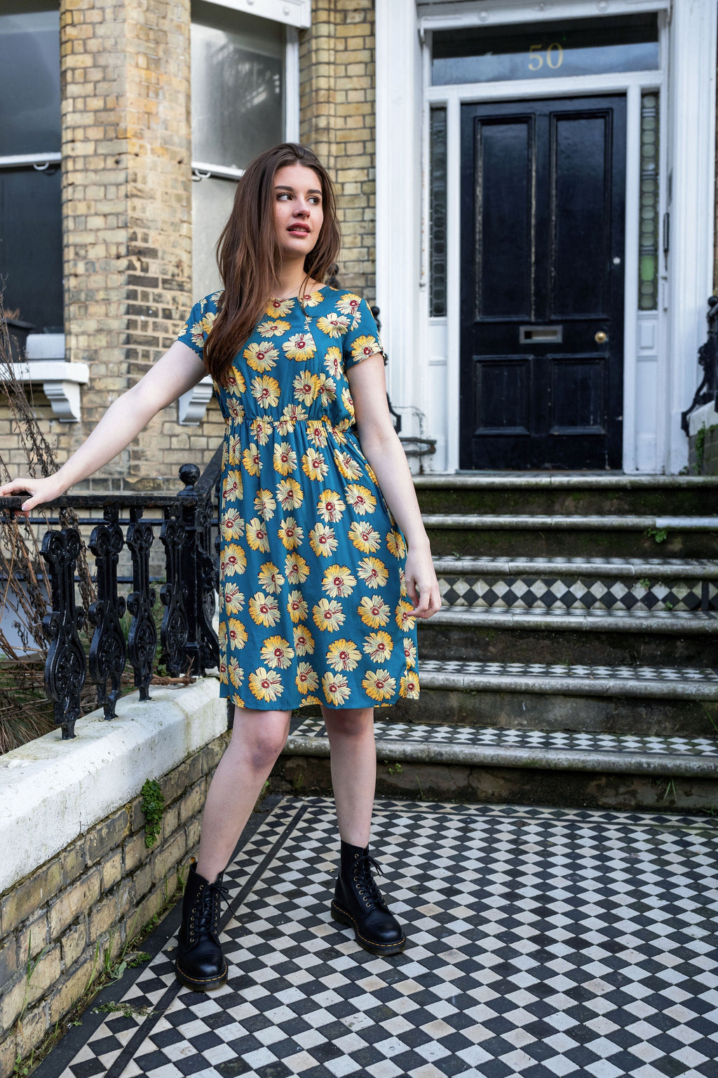 Blue Sunflower Cotton Knee Length Breastfeeding Dress
