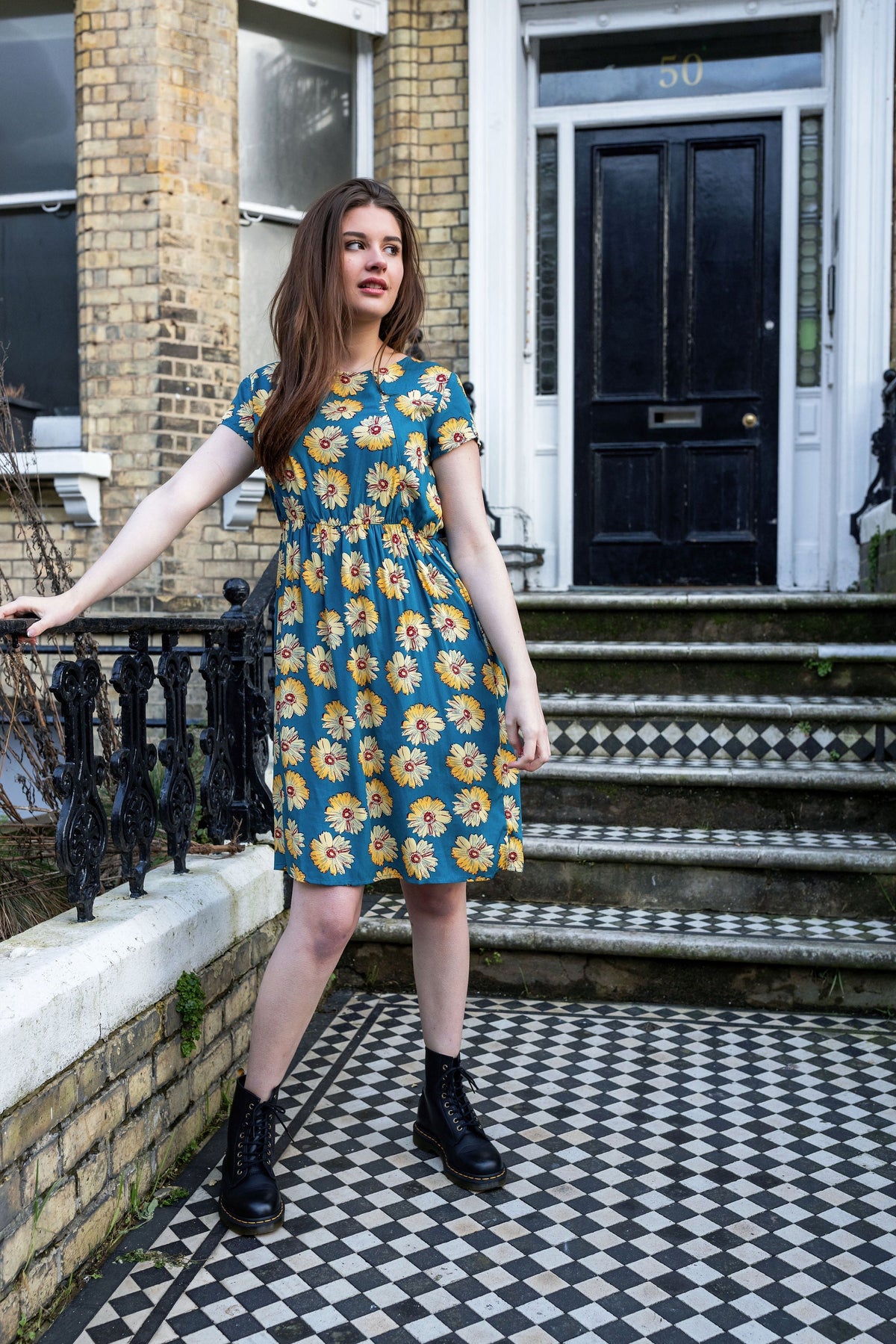 Blue Sunflower Cotton Knee Length Breastfeeding Dress