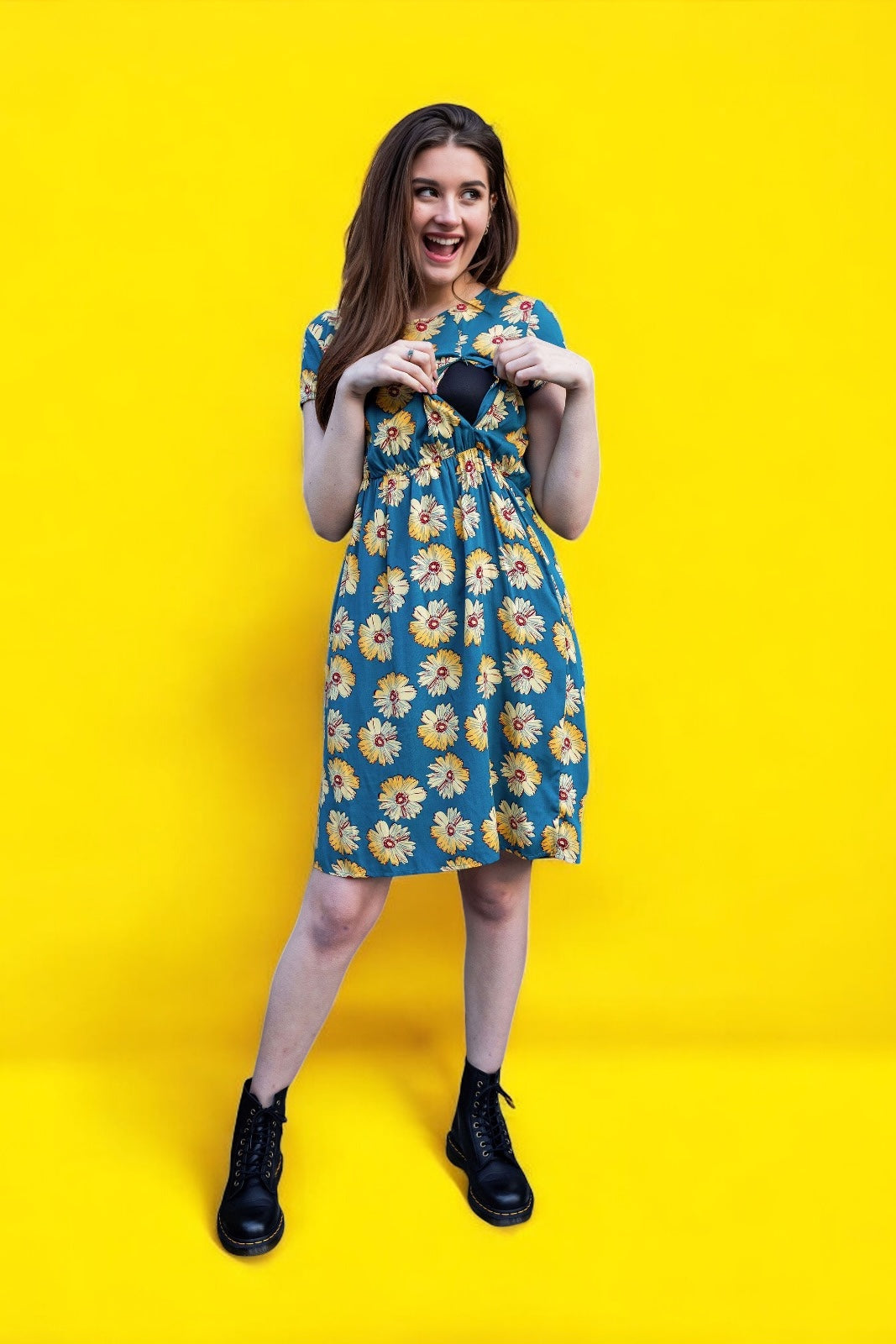 Blue Sunflower Cotton Knee Length Breastfeeding Dress