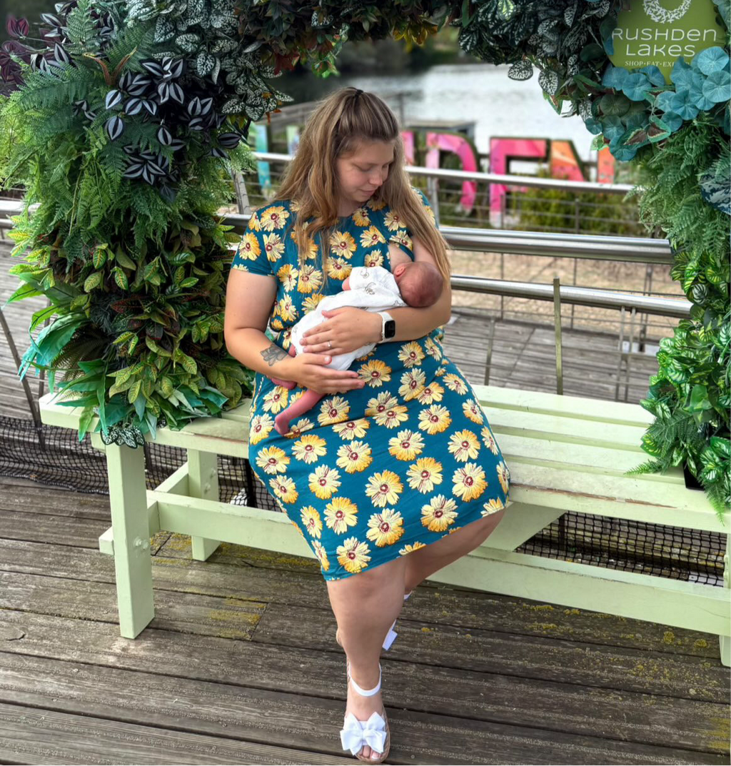 Blue Sunflower Cotton Knee Length Breastfeeding Dress